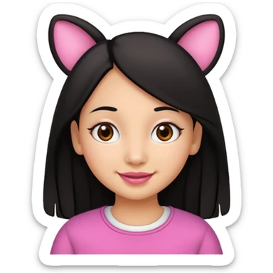 Gordita, ojos pequeños de color cafe oscuro, labios pequeños y rosados, piel trigueña, orejas pequeñas, cabello largo lazio y negro. sticker