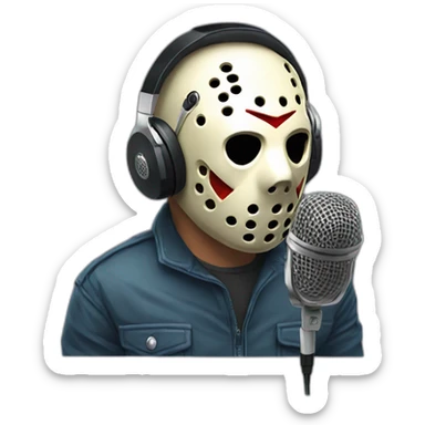 Jason voorhees recording a podcast with a mic and headphones sticker