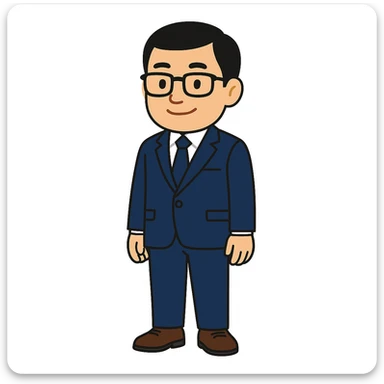 Edit the character to be a professional and friendly Asian male in his 30s-40s, with a balanced build, neat black short hair, and black-framed glasses. Dress him in a dark blue suit jacket, white shirt, and dark blue tie with brown leather shoes. Ensure he stands upright with a relaxed and confident posture, hands naturally at his sides, and feet slightly apart. The background should be pure white with no additional elements. The character should be centered with a symmetrical composition. The overall color scheme should be stable and harmonious with dark blue, white, and brown tones, conveying a professional yet approachable demeanor suitable for business or financial themes. The style should be emoji-like and cartoonish, with a clean and simple composition, no shadows or complex textures, similar to commercial flat design. No text elements should be included. The character should have a slight smile. sticker