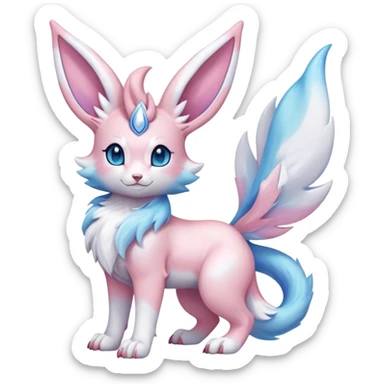 Feral Rare Fantasy cute realistic adorable pastel pink light-blue white iridescent Sylveon-Vernid-Sergal-hybrid by LiLaiRa, markings, tufted ears, full body sticker