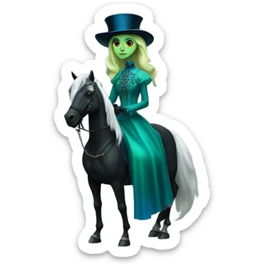 "galora green blonde alien woman" in blue Victorian dress elegant, full body, on black horse sticker