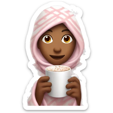 person wrapped in a cozy white snowflake pattern blanket whilst holding a steaming hot chocolate, light pink themed sticker