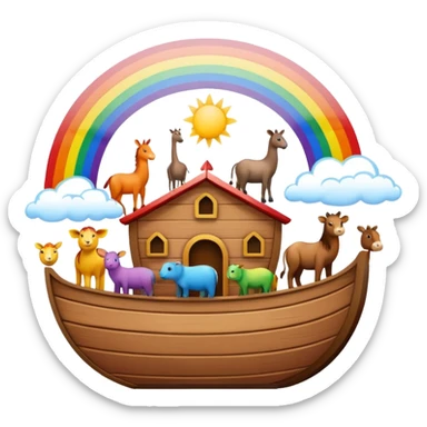 Noah's Ark with pairs of animals, rainbow above sticker