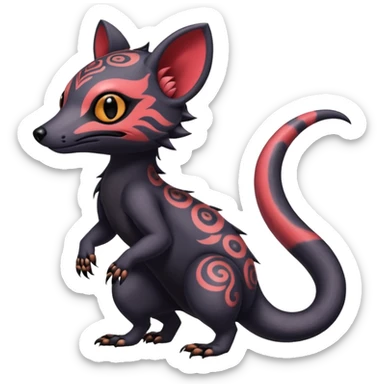 Rare warm-colored exotic gloomy tropical edgy cute epic aesthetic spooky  gothic colorful Salandit-Noibat-Civet-species-Fakemon-hybrid-creature, with tribal tattoo markings, full body sticker