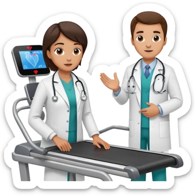 patient on a treadmill with a heart monitor, and a doctor standing nearby supervising, not running sticker