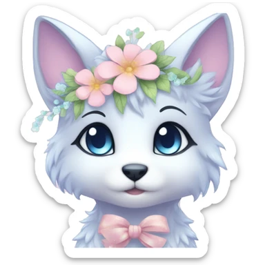 Anthro Cute Cool Blushing Pastel Innocent Shy Kawaii gorgeous sparkly ethereal fantasy animal creature with blue eyes furry sona with flowers and ribbons beautiful aesthetic sticker