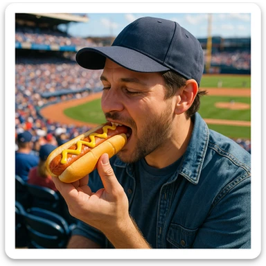 man eating a hot dog at a baseball game sticker