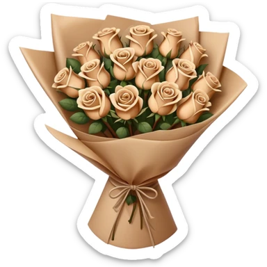 Bouquet of beige and brown roses in a paper package sticker