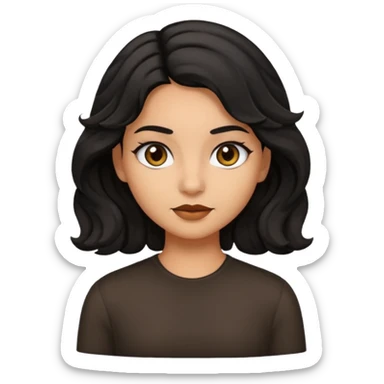 a girl with olive skin, black wavy hair by her shoulders, and dark brown eyes, in a modern emoji style sticker