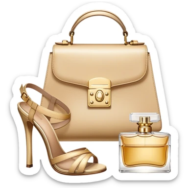 A photorealistic icon featuring stylish fashion accessories like high heels, a designer handbag, sunglasses, and a perfume bottle, arranged elegantly. Soft, luxurious colors with detailed textures and lighting that convey beauty and style. Transparent background, symbolizing fashion and beauty. sticker