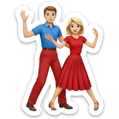 Two people. Man in red shirt and  red pants with brown hair. Women in blue shirt and long skirt with blond hair. Swing Dancing sticker