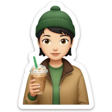 tan skin, non binary person with pixie cut black hair, wearing brown jacket and dark green beanie, shy smile , holding single iced coffee  sticker