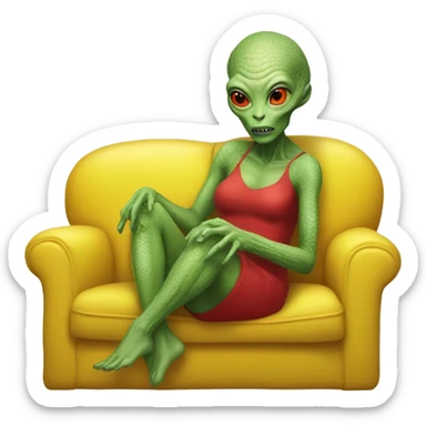reptilian alien woman in red dress, sitting on a jellow couch  sticker