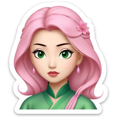 Cinematic Elegant Mulan Portrait Emoji, Dressed in her delicate green matchmaker gown, soft pink makeup, hair pinned perfectly, looking wistful yet radiant, eyes reflecting the depth of her spirit, capturing both her beauty and inner strength! sticker