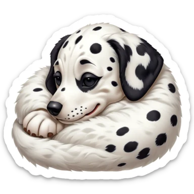 Meme-Worthy Cute Sleeping Spotted Dalmatian Portrait Emoji, Head resting peacefully with a contented smile, showcasing a delightfully majestic build and a luxuriously soft Fur of predominantly white with bold black patches, eyes shut in a serene nap, Simplified yet hilariously adorable features, highly detailed, glowing with a soft, drowsy light, high shine, relaxed and utterly lovable, stylized with an air of playful laziness, bright and heartwarming, soft glowing outline, capturing the essence of a comically sleepy guardian, so meme-worthy it feels like it could instantly become the next viral sensation of adorable slumber! sticker