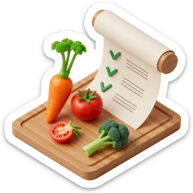carrot tomato brocoli on the wooden cutting board with floating rolled paper list with green checkboxes sticker