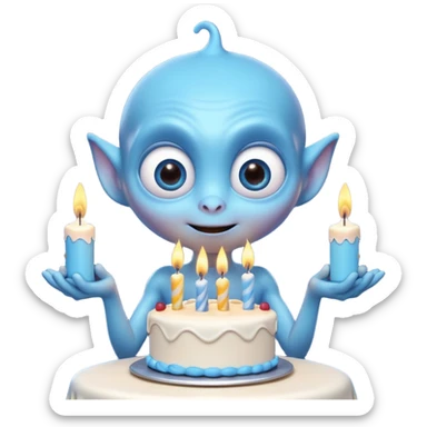 A cute friendly alien holding a birthday cake with candles, big expressive eyes, bright colors, cartoon style, playful atmosphere, 3D animated look, Pixar-inspired, highly detailed
 sticker
