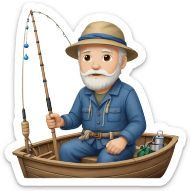 an old white haired, bearded man in fisherman attire, sat in a big boat on the ocean, holding one fishing rod in one hand, with the end of the fishing line touching the water sticker