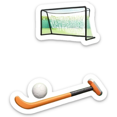 A field hockey stick and ball resting on a well-maintained grass field, with the goalposts and markings visible in the background. The scene highlights the precision and focus of the sport, with the vibrant green pitch creating a dynamic atmosphere. sticker