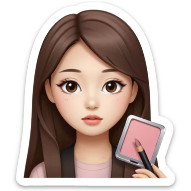 “korean straight long brown hair Emoji girl, soft eyeliner and blush, gradient lips, light brown shimmer eyeshadow sticker