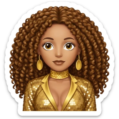 Melanie Brown with brown long curly hair, gold outfit sticker