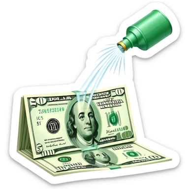 Sprinkler system shooting out streams of dollar bills, instead of water, clearly showing financial benefit sticker