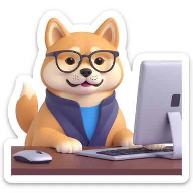 shiba inu with eye glasses and computer sticker