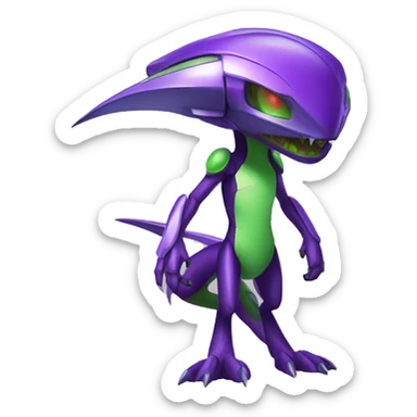 a shiny purple Genesect-Flygon-Raptor-Fakémon—hybrid with a futuristic visor-helmet full body sticker