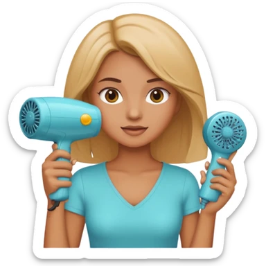 chica en la peluquería con secador de pelo en mano, fondo con productos de belleza, estilo emoji apple sticker