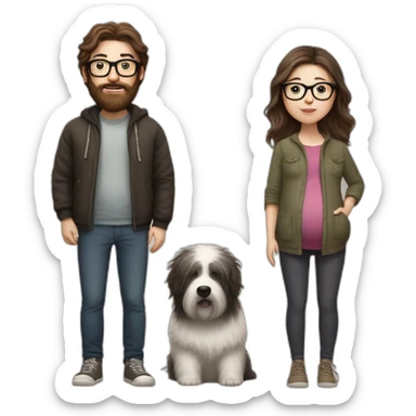 Hyperrealist pregnant girl with half long brown hair with glasses, a boy with long beard, glasses and short hair and english sheepdog sticker