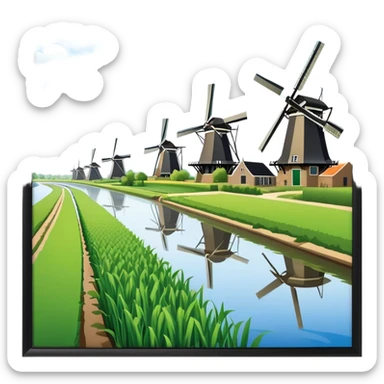 cinematic-realistic-kinderdijk-windmills-landmark-emoji,-showcasing-traditional-dutch-windmills-aligned-along-a-tranquil-canal,-with-lush-green-fields in a picture frame sticker