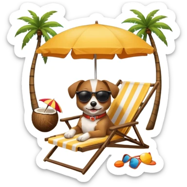 a dog laied on a beach chair, a sunny beach, a sun umbrella, and beach coconut trees. the icon should capture the essence of a relaxing beach vacation with a carefree atmosphere sticker