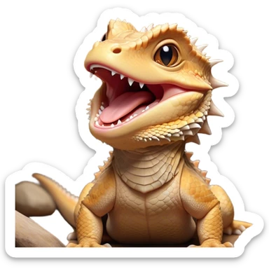 Cinematic Cute Yawning Bearded Dragon Portrait Emoji, Head tilted slightly with a dramatic, wide-open yawn, showcasing a soft, textured scaled hide with its spiky beard partially drooped and eyes barely open in drowsy contentment, Simplified yet irresistibly adorable features, highly detailed, glowing with a soft, cozy glow, high shine, relaxed yet expressive, stylized with a touch of reptilian whimsy, bright and endearing, soft glowing outline, capturing the essence of a sleepy yet affectionate dragon, so drowsy it feels like it could stretch out of the screen and curl up for a nap! sticker