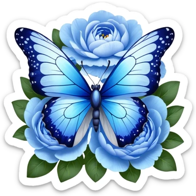 A mesmerizing butterfly with sapphire blue and icy blue wings, delicately speckled with silver, gracefully resting on a lush bouquet of pastel blue peonies and deep blue pansies, their velvety petals glistening with morning dew. sticker