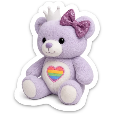Add a glittery bow that sparkles to the purple and white teddy bear with a heart-shaped rainbow patch and a white crown. Keep the bear soft and plush, with no shadows and flat lighting. Remove the background. sticker