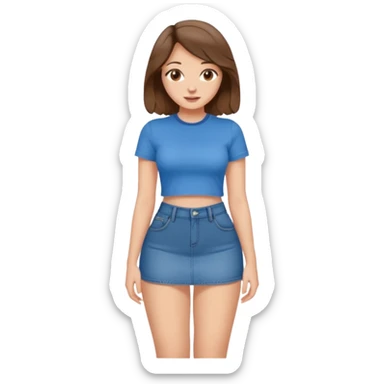 Brown wavy shoulder length hair brown hazel eyes big butt & chest small thin waste long curvy legs cute face with a blue Jean mini skirt & a t shirt that says bite me sticker
