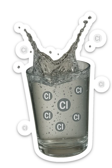 un bicchiere di acqua cade verticalmente dall'alto realistico e dettagliato, dentro l'acqua del bicchiere ci sono particelle di cloro ben visibili con la scritta "Cl" sopra, ci sono particelle anche che escono dal bicchiere e fluttuano in aria verticalmente, mentre alcune sono all'interno dell'acqua nel bicchiere, iperrealistico 4k sticker