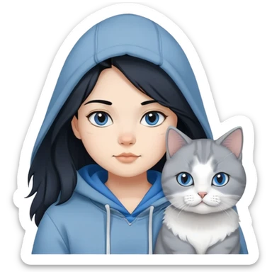 Girl with black hair in gray hoodie with a British shorthair blue and white cat and a long-haired blue and white cat sticker