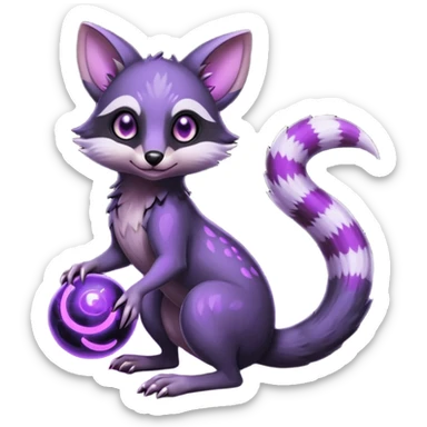 Obsidian-onyx-black and glowing neon-purple, shiny orb eyes, magical fantasy-Genet-Sentret-Marsupial-Possum-Vernid-Sergal-Fakémon-hybrid, by LiLaiRa-griffsnuff, full body sticker