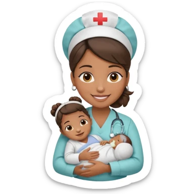 Female nurse smiling with a hair bun on top of head with medium brown skin and brown eyes holding one new born  sticker