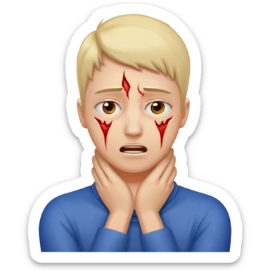 a bust of a person with both their hands around their neck with a face in pain sticker