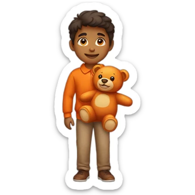 indian kid wearing a collared brown sweater polo holding a orange teddy bear sticker