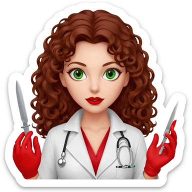 Lilith symbol seductress evil woman. She has green eyes.  had brown long curly hair.  evil surgeon kills with scalpel wears red sexy doctor coat with red mouth cover red gloves sticker
