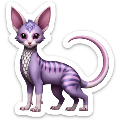 Furry, scaly, Purple, white, black, Minccino-Sphynx-Lykoi-Linoone-Zangoose-fusion-hybrid-animal-Fakémon-creature, full body, thin long sleek scaly tail, intricate markings sticker
