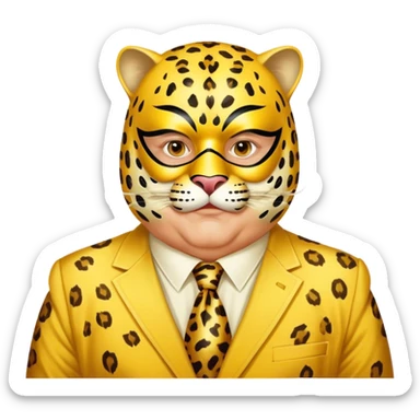 a fat old man, with a yellow suit,  wear half-face golden Leopard masquerade mask sticker