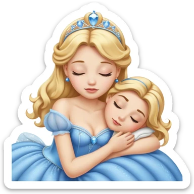 Cinematic Realistic Sleeping Cinderella Portrait, portrayed with exceptional realism: her luminous porcelain skin and exquisitely detailed golden-blonde hair lie softly under the gentle caress of natural light. Her eyes are peacefully closed in a serene, dreamlike slumber, and every fold and shimmer of her iconic ball gown is rendered with painstaking detail. The overall composition radiates a quiet, enchanting glow that encapsulates the timeless, restful beauty of a princess lost in a gentle, magical dream. sticker