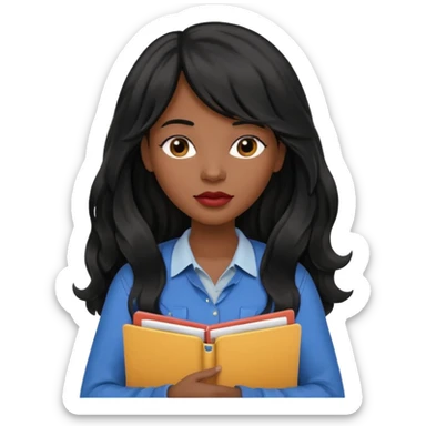 A young woman with long black hair, a wavy frange falling on half of her head. She's black, medium to dark skinned with thick lips. She's holding folders, because she's a CEO, but she's wearing casual clothes. sticker