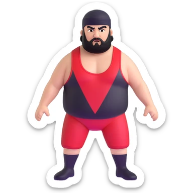 White skin fat guy with black durag, black beard, black eyes in a red and black wrestling singlet with angry face sticker