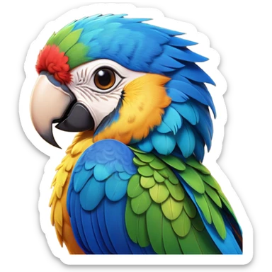 Cinematic Cute Macaw Portrait Emoji, Head tilted playfully and inquisitively, with a dazzling array of colorful plumage and round, sparkling eyes filled with charm, Simplified yet irresistibly adorable features, highly detailed, glowing with a warm, friendly tropical glow, high shine, affectionate and lively, stylized with a touch of whimsical vibrancy, bright and endearing, soft glowing outline, capturing the essence of a mischievous yet loving parrot that seems as if it could flutter out of the screen into your arms! sticker