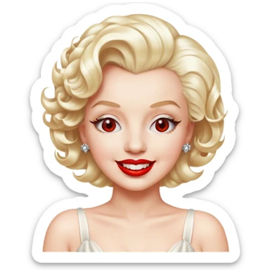 Cinematic Realistic Marilyn Monroe Emoji, featuring a glamorous, high-detail portrayal of the legendary Hollywood star. Her iconic platinum curls, radiant smile, and signature red lips are illuminated by dramatic, vintage-style lighting, evoking the timeless allure of classic cinema. sticker